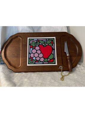 56 Vintage Wooden Cheese Board with original knife